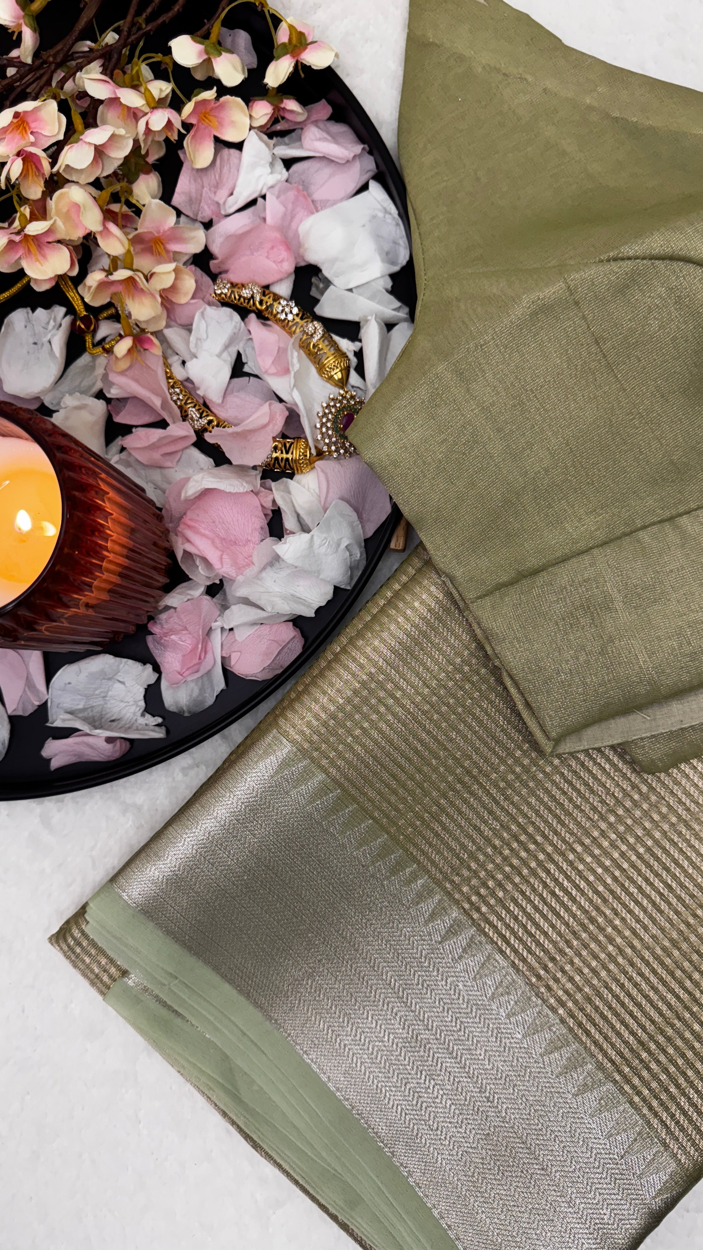 Pista Green Tissue Saree with Stitched Blouse